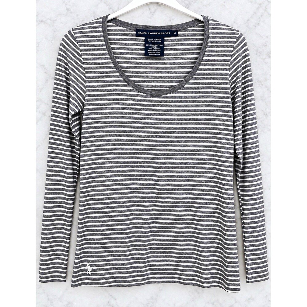 Ralph Lauren Sport Women’s M Gray White Striped Scoop Neck Long Sleeve Knit Tee